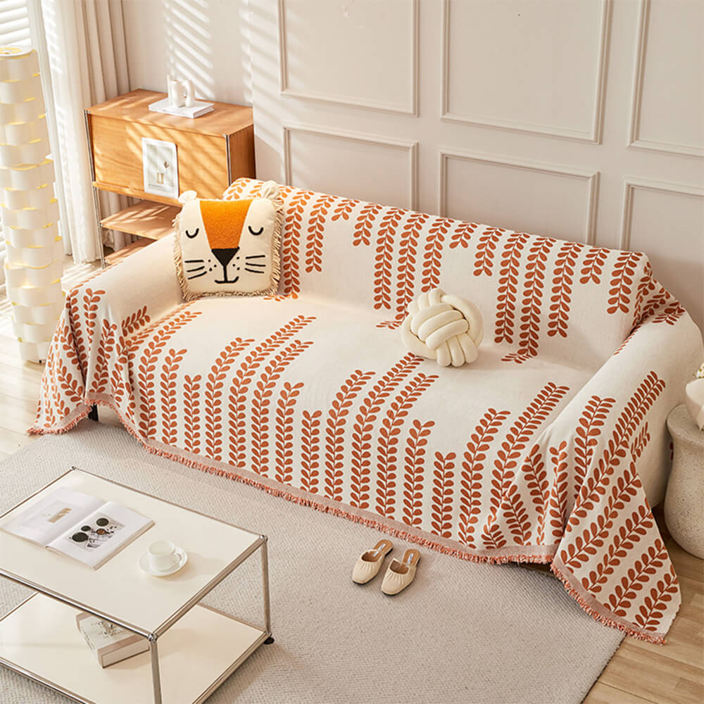 Sofa Cover with Leaf Patterns and Fringes – Elegance and Comfort