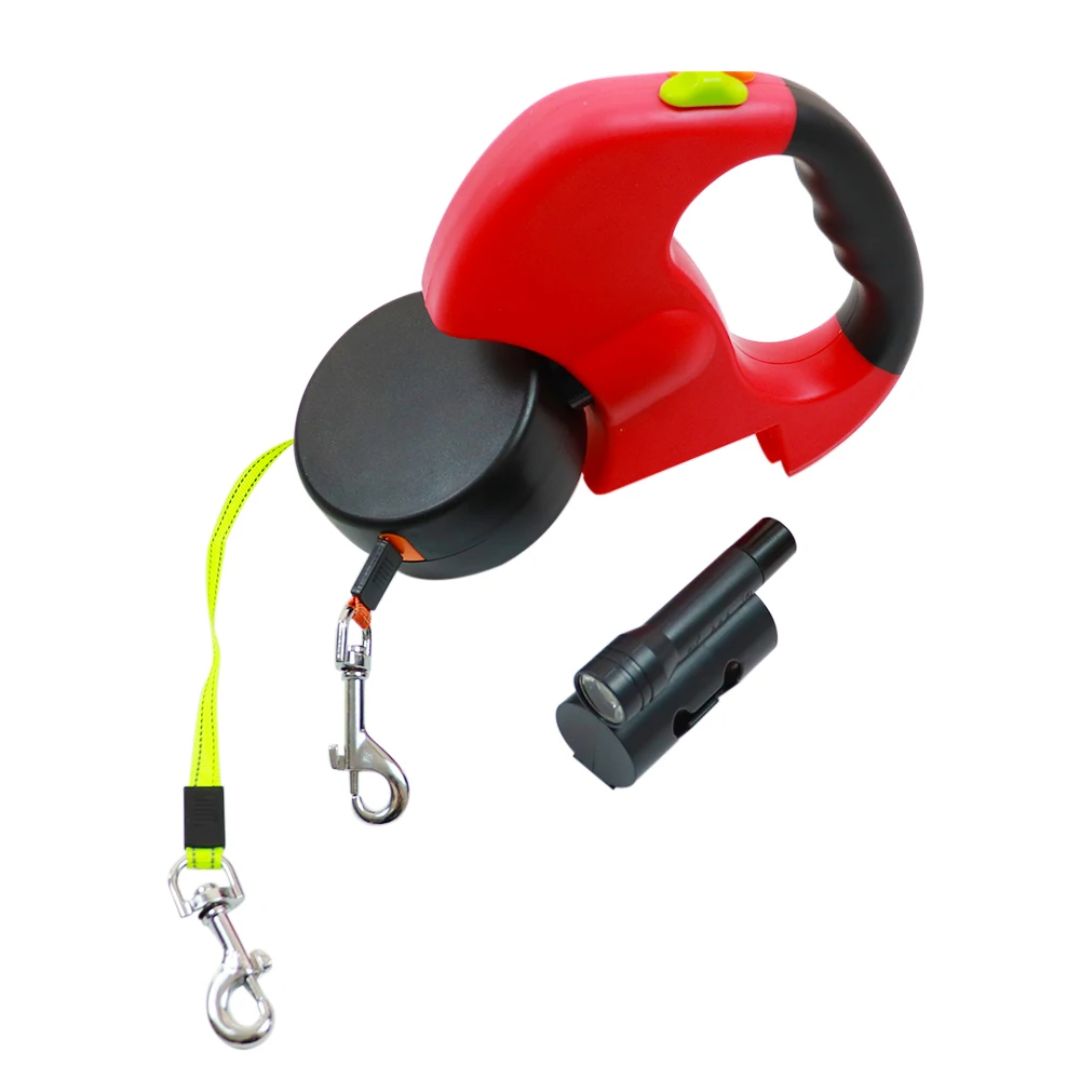 רצועת כלבים מתקפלת – עם פנס LED ומפיץ שקיות