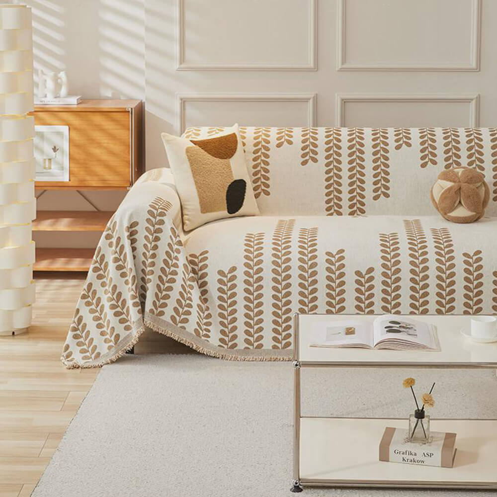 Sofa Cover with Leaf Patterns and Fringes – Elegance and Comfort 
