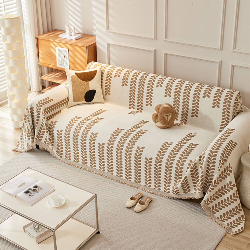 غطاء أريكة بنقوش أوراق وحواف - أناقة وراحة 